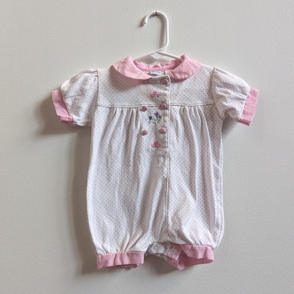 Vtg 90s Small Steps Pink Bubble Romper Polka Dot Baby 6-9m